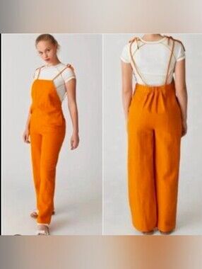Urban Outfitters Harley Linen Blend Tie Strap Wide Leg Jumpsuit Mustard Yellow L